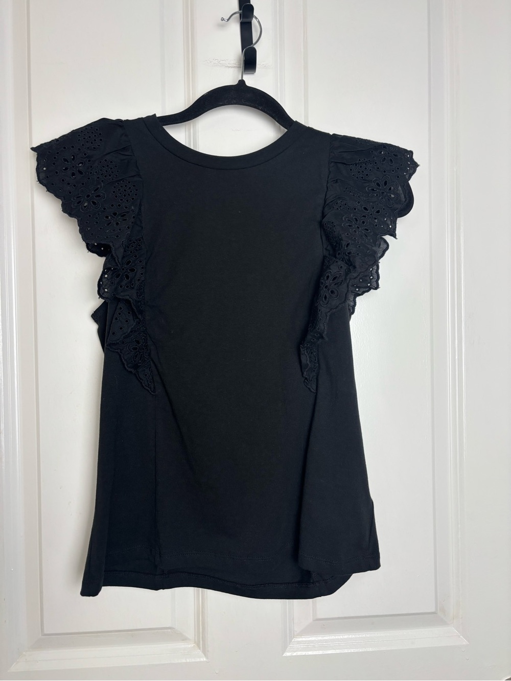 J.Crew Black Eyelet Flutter Sleeve Knit Top Small Feminine Cotton Tee - Picture 4 of 5